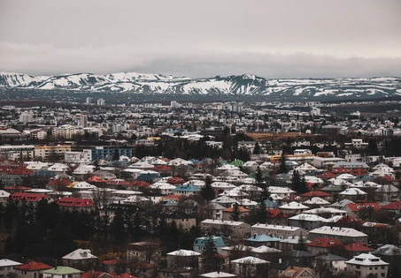 View of Reykjavik from above with colourful roofs